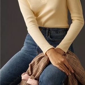 Anthropologie Cream Collared V-Neck Blouse